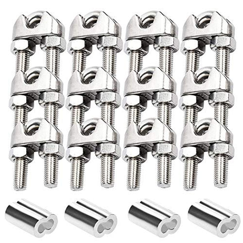 12 Pack M10 Wire Rope Clip Cable Clamp 304 Stainless Steel U Bolt Saddle Fastener for 9.5mm 10mm (3/8 ) Wire Rope Cable Contain Aluminum Crimping Loop