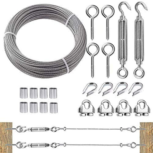 Cable Railing Kit with 50ft 1/8" Wire Rope, Cable Clamp, M6 Turnbuckle, Vine Eyes Hook