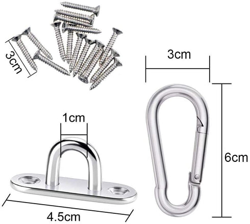 12 Pcs 304 Stainless Steel Eye Plate and Carabiner Clips Heavy Duty, Oblong Pad Eye Plate Metal Staple Ring Hook Hardware 2 Holes With Screw