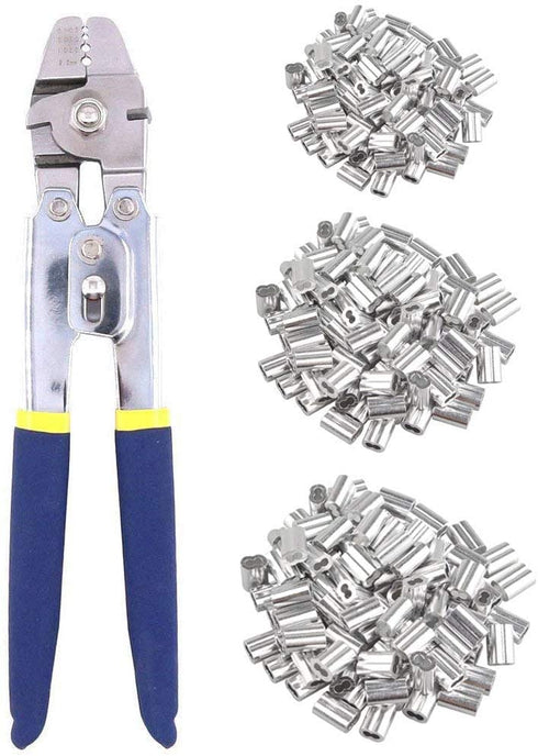 Wire Rope Cable Crimping Tool Wire Rope Swager Crimper Fishing Crimping Tool with 200 PCS Aluminum Double Barrel Ferrule Crimping Loop Sleeves