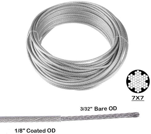 50FT 1/8“ PVC Coated Stainless Steel Wire Cable Ropes Sun Shade Sail Fixing Kit 5 inch