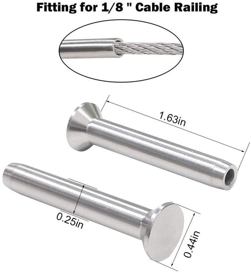 Stemball Swages Threaded Stud Paired Fixed Ends, Cable Tensioner Ends for 1/8 Cable Railing T316 Marine Grade Stainless Steel - 62 Pack