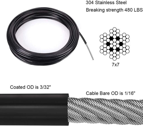 3/32" String Light Suspension Kit with Black PVC Coated Wire Rope Kit 100ft