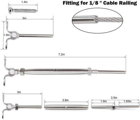 6 Pack T316 Stainless Steel Cable Railing Kits Fit 1/8" Wire Rope-Toggle Turnbuckle & End 180 Angle Adjustable Cable, Deck,Stair Railing