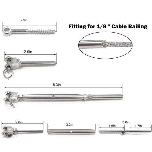 6 Set Cable Railing Kits -Jaw Swage Stud Turnbuckle, Fork Terminal Lag Screw Eye, Fit 1/8" Stainless Steel Wire Rope Cable Deck Railing T316 Stainless Steel