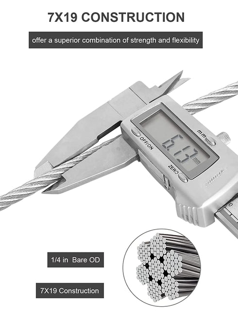 1/4" 17ft/5M Stainless Steel Wire Rope Kit, Heavy Duty Aircraft Cable with Clip Clamp Thimbles for Outdoor Fence/DIY Balustrade/Pulley/Light Hanging