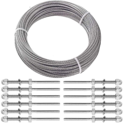 30M 100Ft 1/8 Stainless Steel Cable, Heavy Duty Steel Cable Wire Rope kit, Wire Balustrade Kits with Cable Railing Swage Turnbuckle Kit for DIY Project - T316