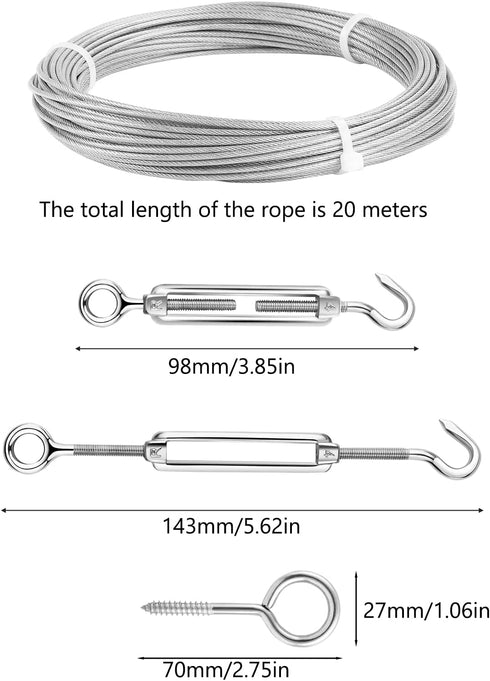 Garden Wire, 65ft (5/64 inch), Vinyl Coated 304 Steel Wire Garden Wire for Plants, with M4 Turnbuckle Screws M2 Aluminum Sleeve