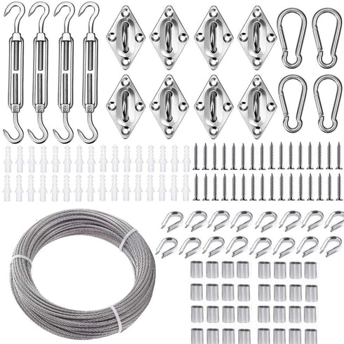 Stainless Steel Sun Shade Sails Hardware Kit with 100FT 1/8" PVC Coated Stainless Steel Wire Cable