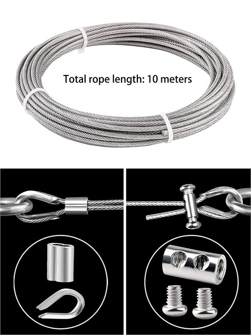33ft/10M 1/8" Stainless Steel Coated Cable Wire Rope Kit, 4pcs Crimping Sleeves 1/8, 4pcs Wire Rope Thimble 1/8, 4pcs Wire Rope Clamp 1/8,for Garden Wire, Hanging Wire Cable, Cable Railing