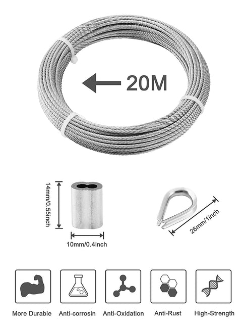 1/8" 66 ft Stainless Steel Wire Rope Kit with Heavy Duty Aircraft Wire Rope Cable