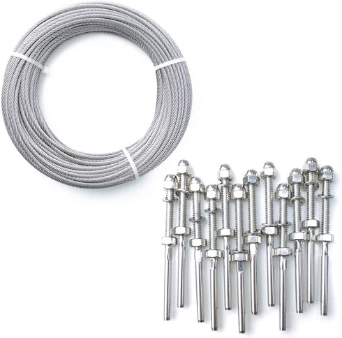 30M 100Ft 1/8 Stainless Steel Cable, Heavy Duty Steel Cable Wire Rope kit, Wire Balustrade Kits with Cable Railing Swage Turnbuckle Kit for DIY Project - T316