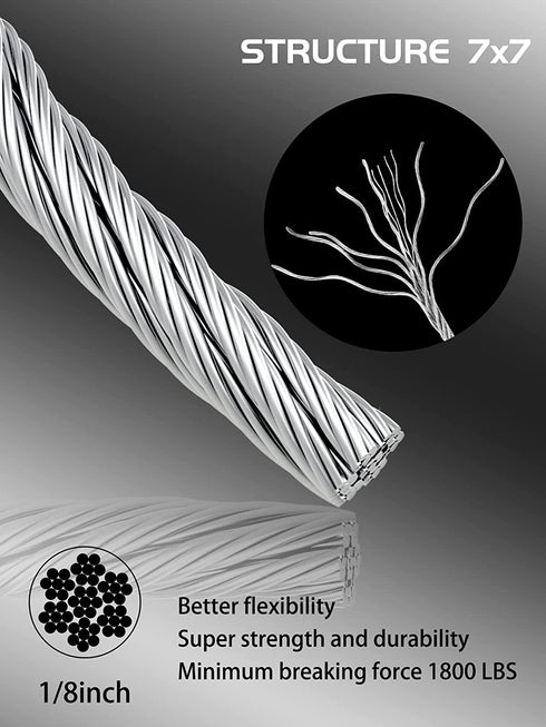 T316 Stainless Steel 50ft 1/8" Wire Rope Sun Shade Sail Cable Wire Hardware Kits with Cable Clamp