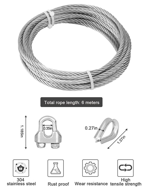 1/4" 17ft/5M Stainless Steel Wire Rope Kit, Heavy Duty Aircraft Cable with Clip Clamp Thimbles for Outdoor Fence/DIY Balustrade/Pulley/Light Hanging