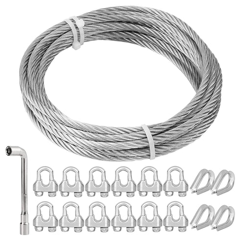 1/4" 17ft/5M Stainless Steel Wire Rope Kit, Heavy Duty Aircraft Cable with Clip Clamp Thimbles for Outdoor Fence/DIY Balustrade/Pulley/Light Hanging