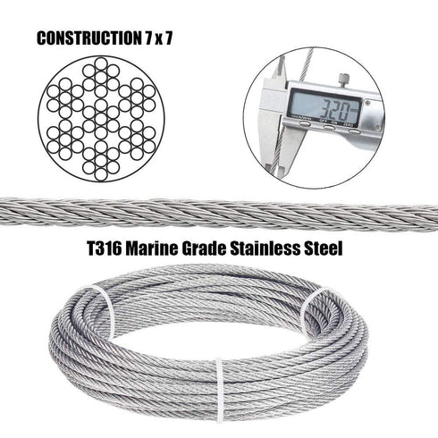 50FT 1/8" T316 Marine Grade Stainless Steel Wire Cable Ropes Sun Shade Sails Hardware Kits 6inch