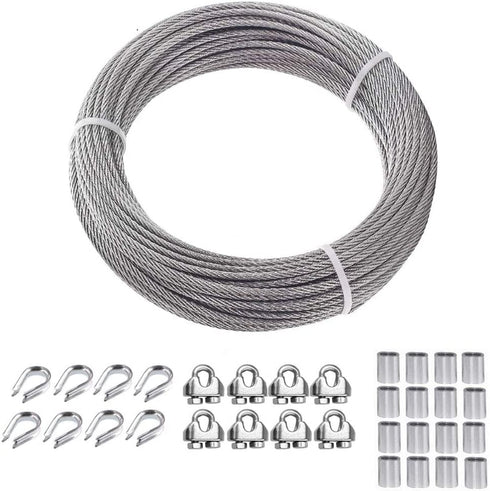 T316 Stainless Steel 50ft 1/8" Wire Rope Sun Shade Sail Cable Wire Hardware Kits with Cable Clamp