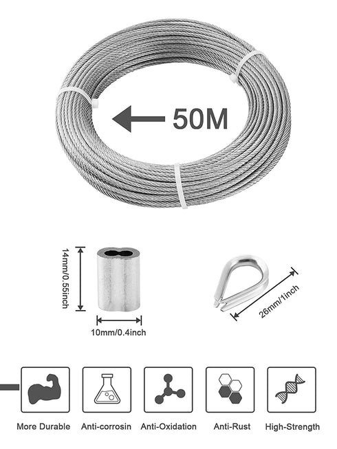 1/8" 164ft/50M Stainless Steel Wire Rope Kit with Thimble, Crimping Sleeves for Garden Wire, Fence Cable, Cable Decking Railing, Light Hanging Cable
