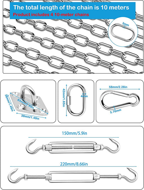 Stainless Steel Sun Shade Sail Hardware Kit 6inch with Chains Rope