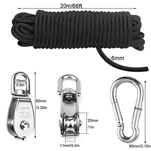 25mm 2Pcs Crane Pulley Block Swivel Hook Single Pulley Block Hanging Wire Towing Wheel 304 Stainless Steel 20 Meter Nylon Pulley Line Rope & Carabiner Snap Hook Clips
