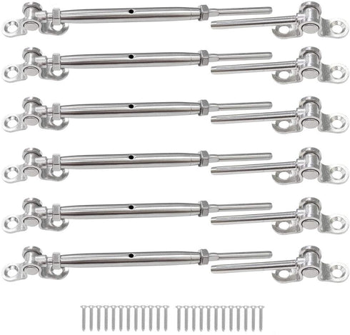 6 Pack T316 Stainless Steel Cable Railing Kits Fit 1/8" Wire Rope-Toggle Turnbuckle & End 180 Angle Adjustable Cable, Deck,Stair Railing
