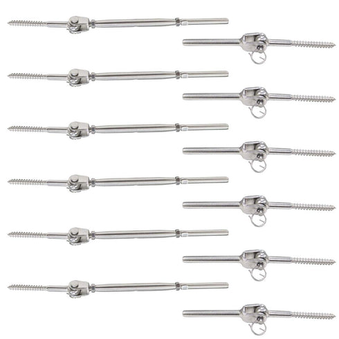 6 Set Cable Railing Kits -Jaw Swage Stud Turnbuckle, Fork Terminal Lag Screw Eye, Fit 1/8" Stainless Steel Wire Rope Cable Deck Railing T316 Stainless Steel