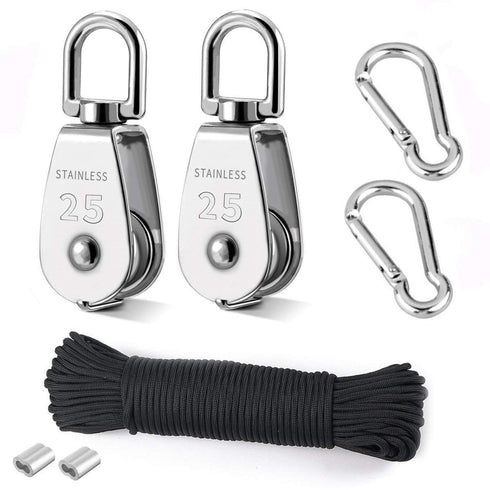 25mm 2Pcs Crane Pulley Block Swivel Hook Single Pulley Block Hanging Wire Towing Wheel 304 Stainless Steel 20 Meter Nylon Pulley Line Rope & Carabiner Snap Hook Clips