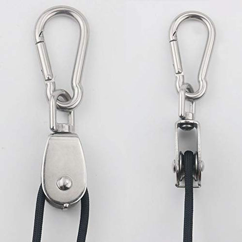 15mm 4Pcs Crane Pulley Block Swivel Hook Single Pulley Block Hanging Wire Towing Wheel 304 Stainless Steel 30 Meter Nylon Pulley Line Rope & Carabiner Snap Hook Clips