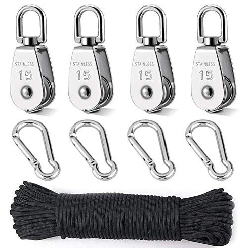 15mm 4Pcs Crane Pulley Block Swivel Hook Single Pulley Block Hanging Wire Towing Wheel 304 Stainless Steel 30 Meter Nylon Pulley Line Rope & Carabiner Snap Hook Clips