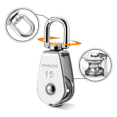 15mm 4Pcs Crane Pulley Block Swivel Hook Single Pulley Block Hanging Wire Towing Wheel 304 Stainless Steel 30 Meter Nylon Pulley Line Rope & Carabiner Snap Hook Clips