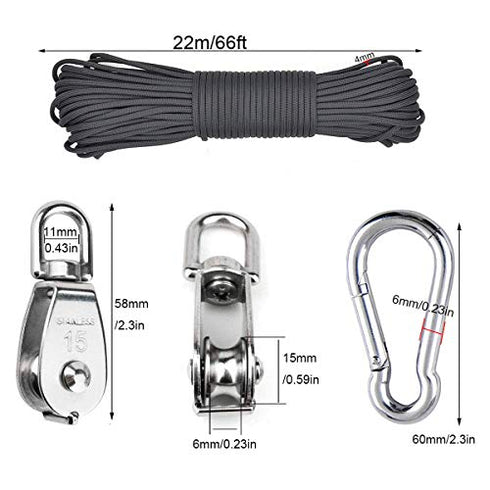 15mm 4Pcs Crane Pulley Block Swivel Hook Single Pulley Block Hanging Wire Towing Wheel 304 Stainless Steel 30 Meter Nylon Pulley Line Rope & Carabiner Snap Hook Clips