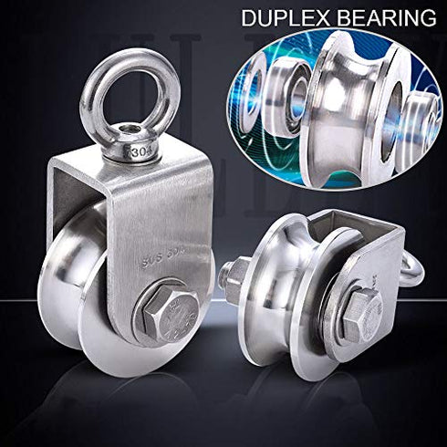 TooTaci Crane Pulley Block Lifting Crane Swivel Hook Hanging Wire Towing Wheel V Type 304 Stainless Steel Duplex Bearing Super Silent Detachable 360 Degree Rotation Heavy Duty Traction Wheel