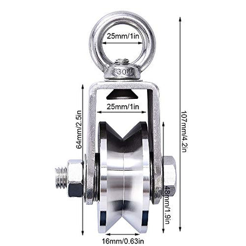 TooTaci Crane Pulley Block Lifting Crane Swivel Hook Hanging Wire Towing Wheel V Type 304 Stainless Steel Duplex Bearing Super Silent Detachable 360 Degree Rotation Heavy Duty Traction Wheel