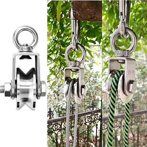 TooTaci Crane Pulley Block Lifting Crane Swivel Hook Hanging Wire Towing Wheel V Type 304 Stainless Steel Duplex Bearing Super Silent Detachable 360 Degree Rotation Heavy Duty Traction Wheel