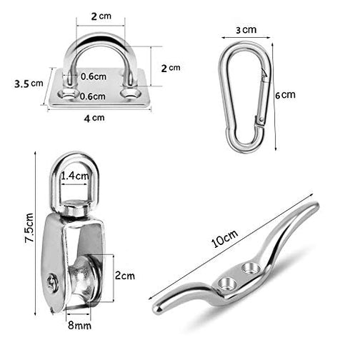 Pulley System Set 304 Stainless Steel M20 Single Pulley Wheels with Rope and Hooks