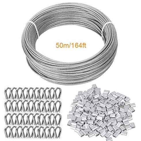 TooTaci Garden Wire/Picture Wire/Wire Rope Steel Cable Railing Kits Include Stainless Steel Wire Rope Cable, Aluminum Crimping Sleeves and Stainless Steel Thimble - 164ft