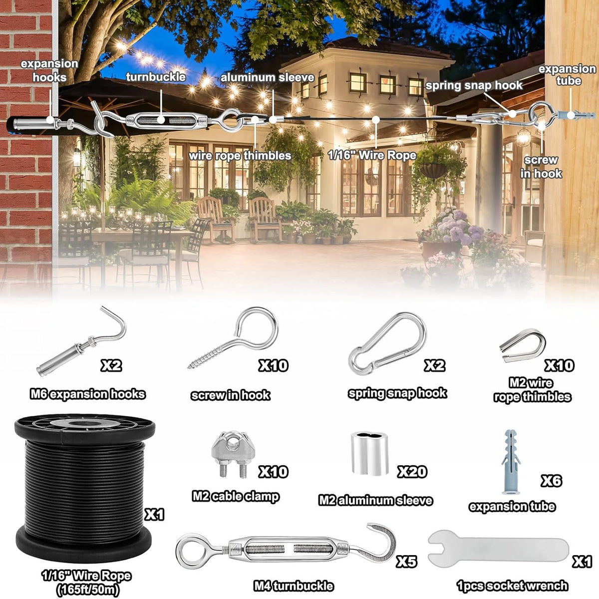 TooTaci 1/16 Wire Rope Kit, 165ft Black Vinyl Coated Stainless Steel C ...
